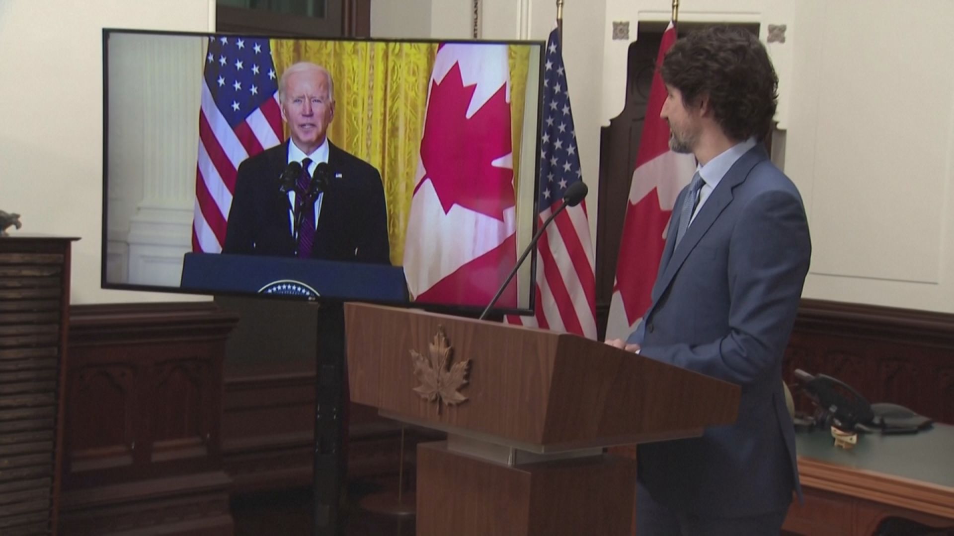 美國總統拜登上任後，首度與外國領導人舉行視訊會議，和加拿大總理杜魯道展開對話。