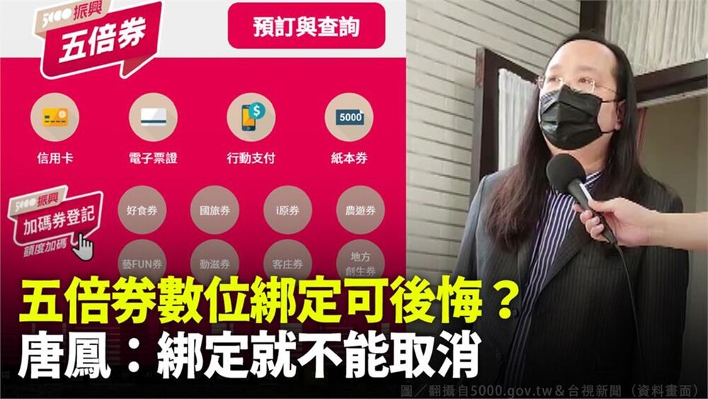 振興五倍券22日開放數位綁定，目前已有317萬名民眾綁定，不過有不少民眾綁定後卻後悔，想要改回紙本，對此行政院政務委員唐鳳回應，由於綁定是由業者端操作，不可能要求所有業者都有取消或移轉的功能，因此目前並沒有相關規劃。（圖／台視新聞）