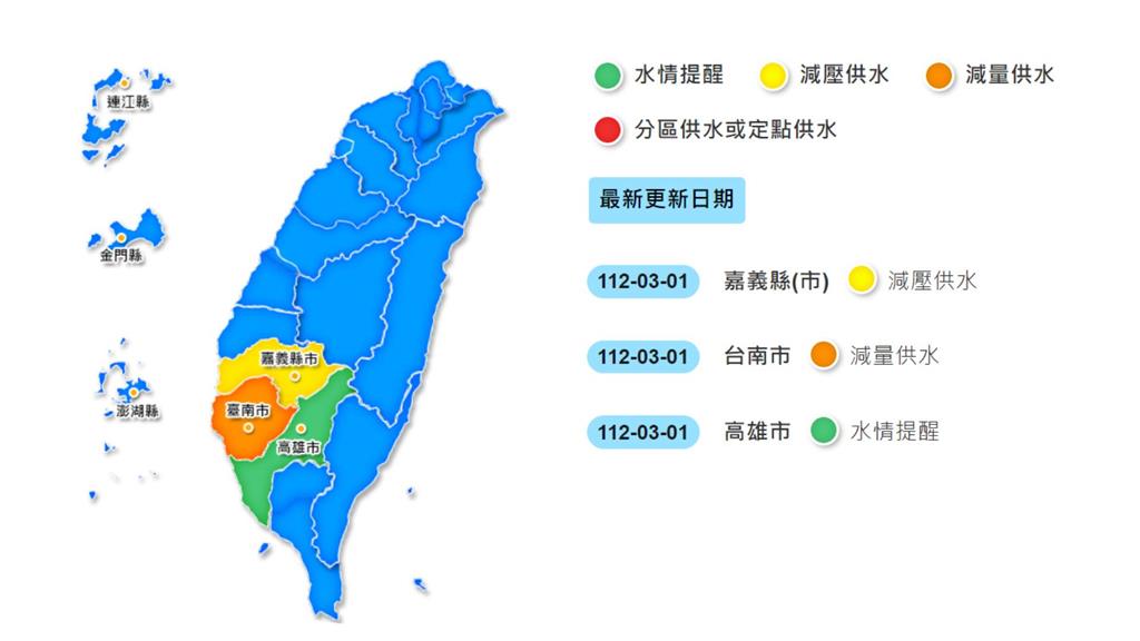 今日起台南水情轉橙燈、嘉義轉黃燈。圖／經濟部水利署