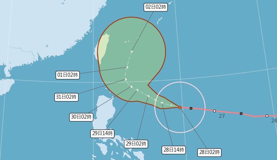 烈颱風瑪娃今（28）日清晨2點的中心位置在鵝鑾鼻東南東方1100公里的海面上，向西前進。